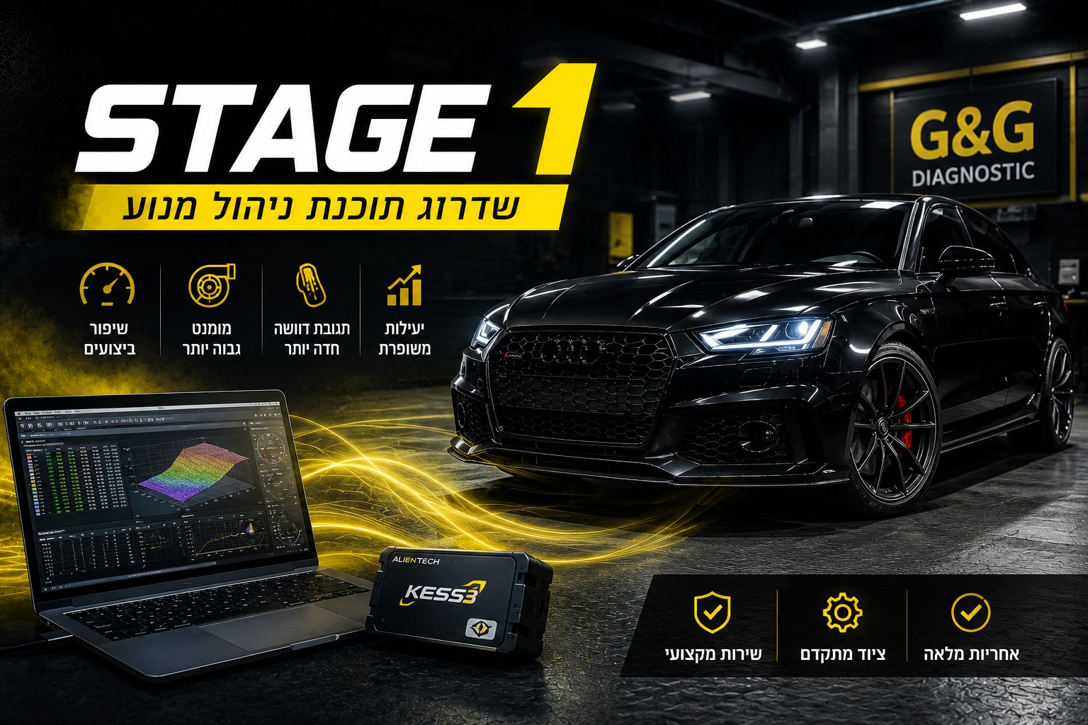 שדרוג תוכנת ניהול מנוע Stage 1 [סטייג' 1] לרכב - כיול ECU מקצועי לשיפור ביצועים, תאוצה, מומנט ותגובת מנוע באמצעות ציוד דיאגנוסטיקה מתקדם של G&G Diagnostic
