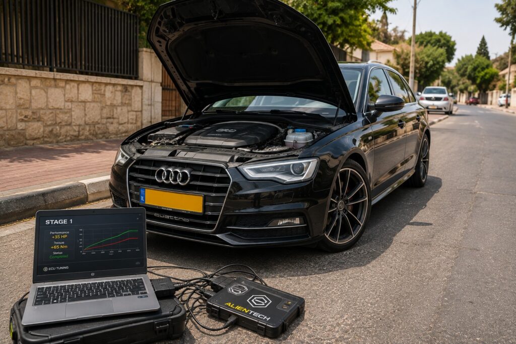 שדרוג Stage 1 לרכב אאודי באמצעות תכנות מחשב מנוע ECU לשיפור כוח ומומנט